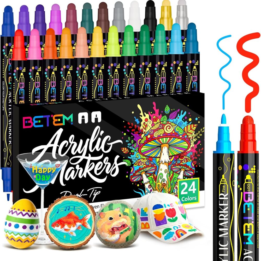 Betem 24 Colors Dual Tip Acrylic Paint Markers, Fabric Decorating Kits | Premium Water-Based Acrylic Paint Pens Art Supplies for Fabric, Rock, Wood, Glass, Canvas, Ceramic, School Supplies