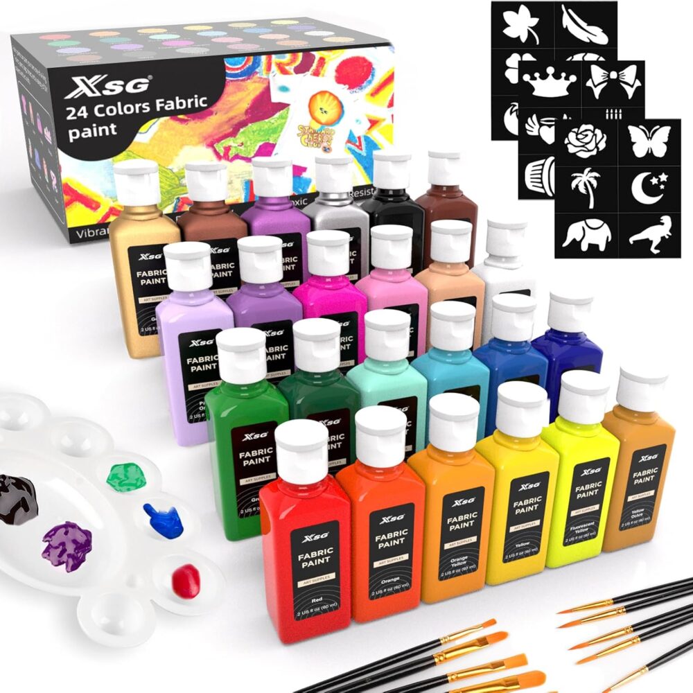 24 Colors Fabric Paint For Clothes Permanent, Soft Fabric Paint in Bottles with 10 Brushes ,Stencils& Palette,Non-Toxic Textile Paint for Shoes,Jeans ,Bags& DlY Projects(60ml/2oz)