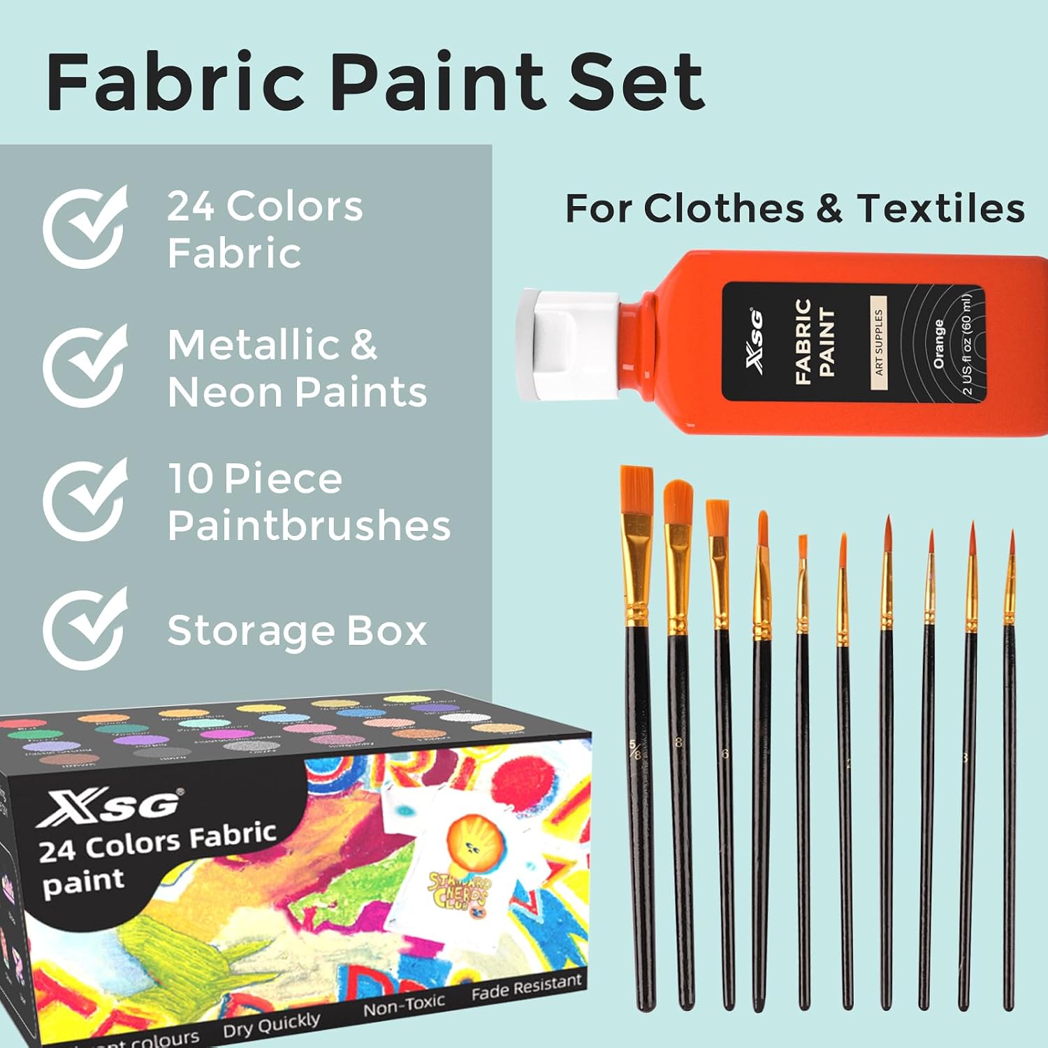 24 Colors Fabric Paint For Clothes Permanent, Soft Fabric Paint in Bottles with 10 Brushes ,Stencils& Palette,Non-Toxic Textile Paint for Shoes,Jeans ,Bags& DlY Projects(60ml/2oz) - Image 6