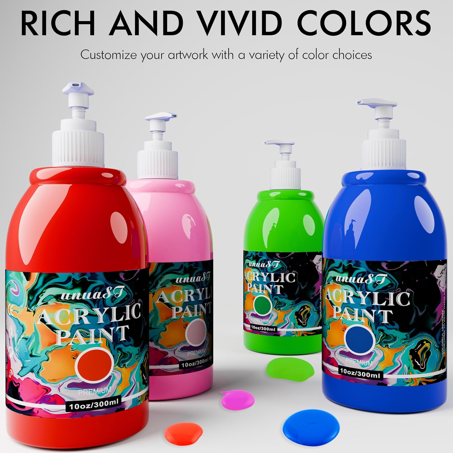 unuaST Acrylic Paint Sets for Adults, 14 Colors Large Bulk Acrylic Paints kits Rich Pigment Art Painting Supplies for Artists/Beginners, Paint Sets for Canvas with Pump, Color Wheel (10oz/300ml) - Image 5