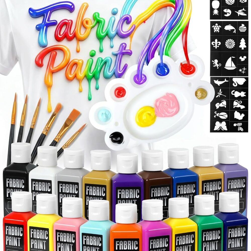 TMOL Fabric Paint Set - Permanent & Washer Safe, 18 Vibrant Colors, in Bottles (60ml/2oz), Non-Toxic Certified Fabric Paint with Brushes & Stencils, Textile Paint for Clothes, DIY Projects & Art