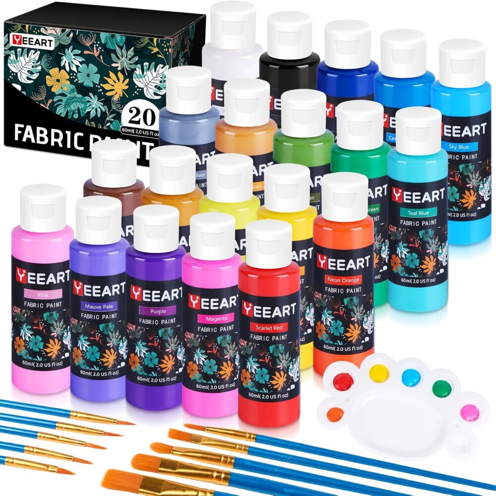 Fabric Paint, Yeeart 20 Colors Permanent Soft Fabric Paint Set for Clothes in Bottles (60ml/2oz) with 10 Brushes, Palette, Non-Toxic Textile Paint Art Supplies for Clothes, Canvas, T-Shirts, Jeans, Bags & Art Crafts