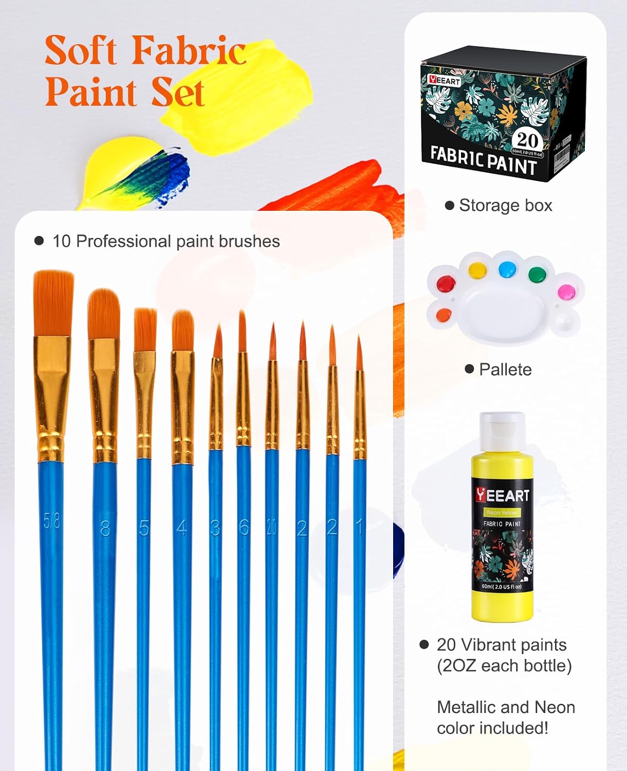 Fabric Paint, Yeeart 20 Colors Permanent Soft Fabric Paint Set for Clothes in Bottles (60ml/2oz) with 10 Brushes, Palette, Non-Toxic Textile Paint Art Supplies for Clothes, Canvas, T-Shirts, Jeans, Bags & Art Crafts - Image 2