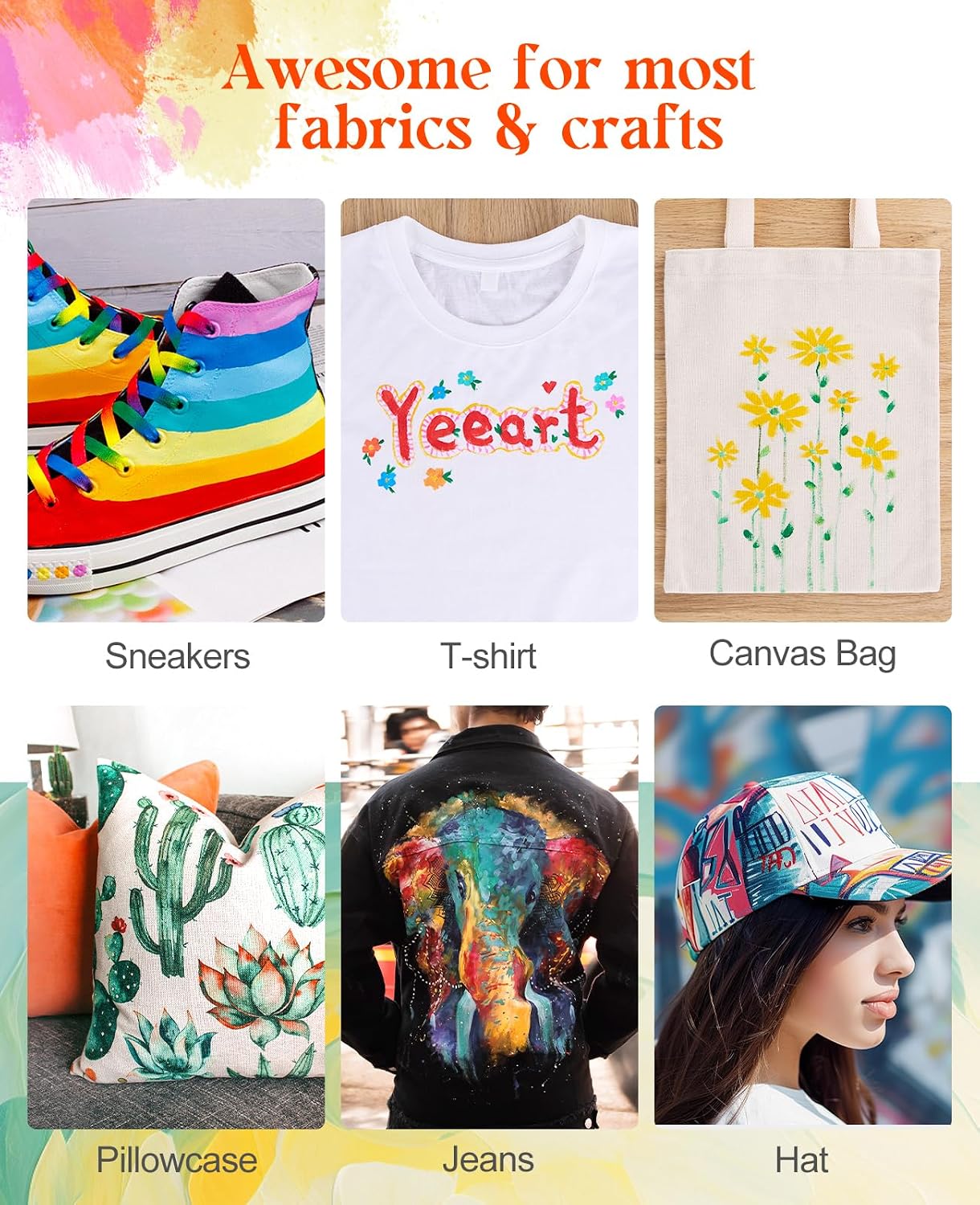 Fabric Paint, Yeeart 20 Colors Permanent Soft Fabric Paint Set for Clothes in Bottles (60ml/2oz) with 10 Brushes, Palette, Non-Toxic Textile Paint Art Supplies for Clothes, Canvas, T-Shirts, Jeans, Bags & Art Crafts - Image 5