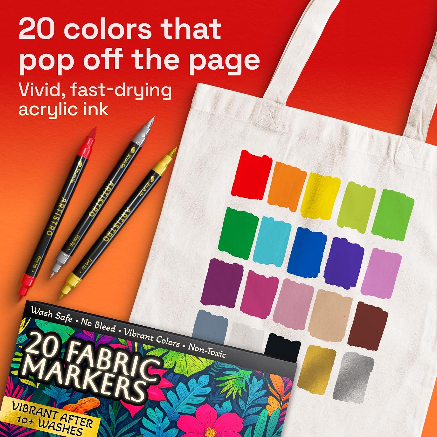 ARTISTRO 20 Fabric Markers for Clothes and Textiles - Acrylic Paint Pens | Permanent, No Bleed, Fabric Decorating Kit for T-Shirts, Bags, Canvas, Shoes, Crafts, and More, Brush and Fine Tip - Image 3