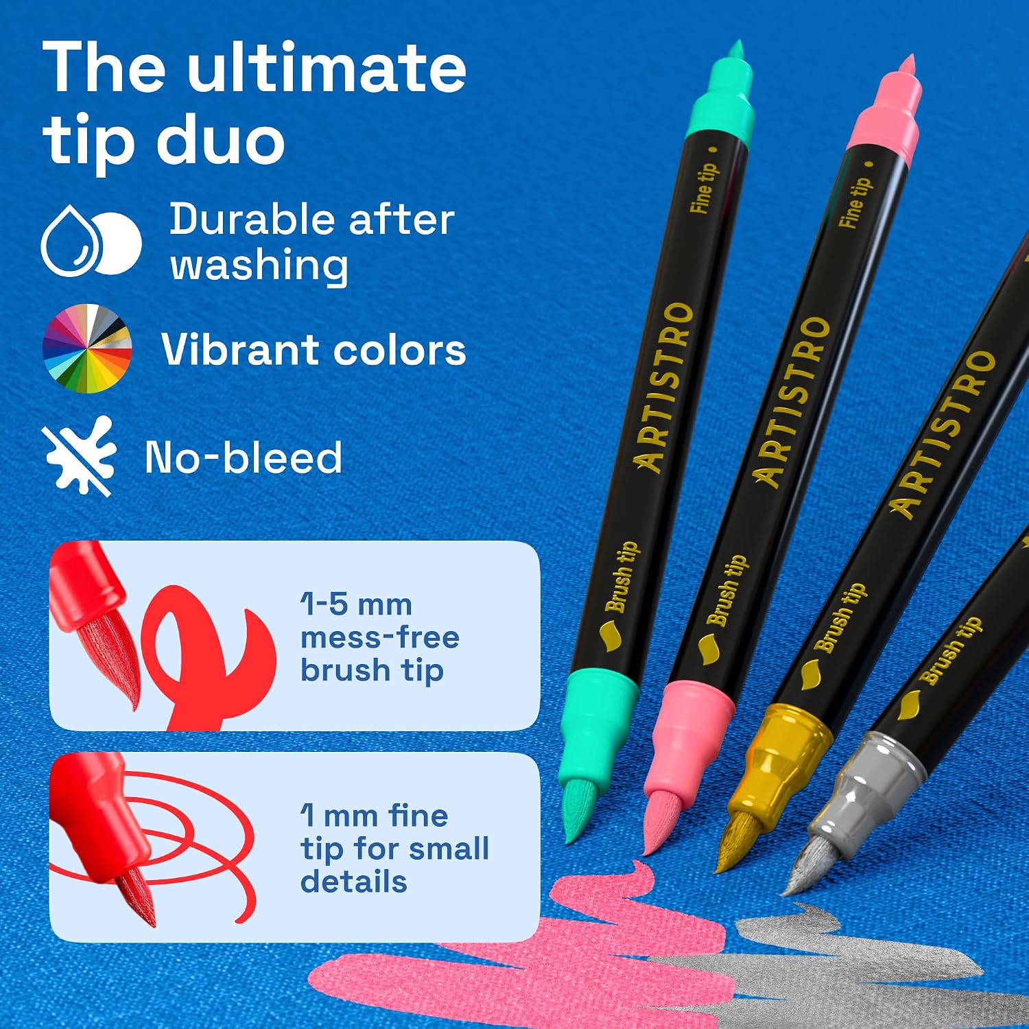 ARTISTRO 20 Fabric Markers for Clothes and Textiles - Acrylic Paint Pens | Permanent, No Bleed, Fabric Decorating Kit for T-Shirts, Bags, Canvas, Shoes, Crafts, and More, Brush and Fine Tip - Image 5