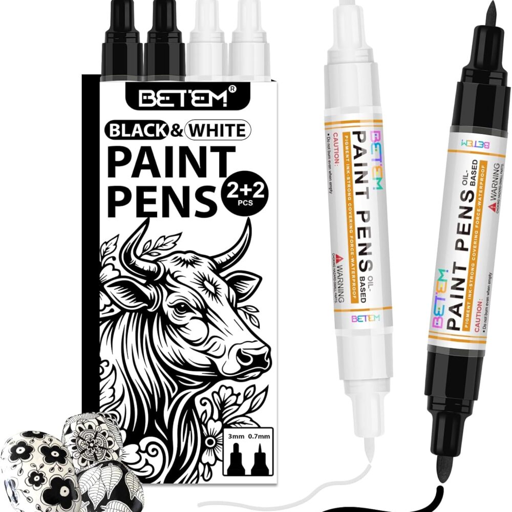 Betem 4 Oil Based Black White Paint Pens, Permanent Fabric Paint Markers | Dual Tip(0.7mm & 3mm), Waterproof, Quick Dry, for Rock Painting, Tire, Wood, Plastic, Ceramic, Metal, Rubber, Mugs, Canvas