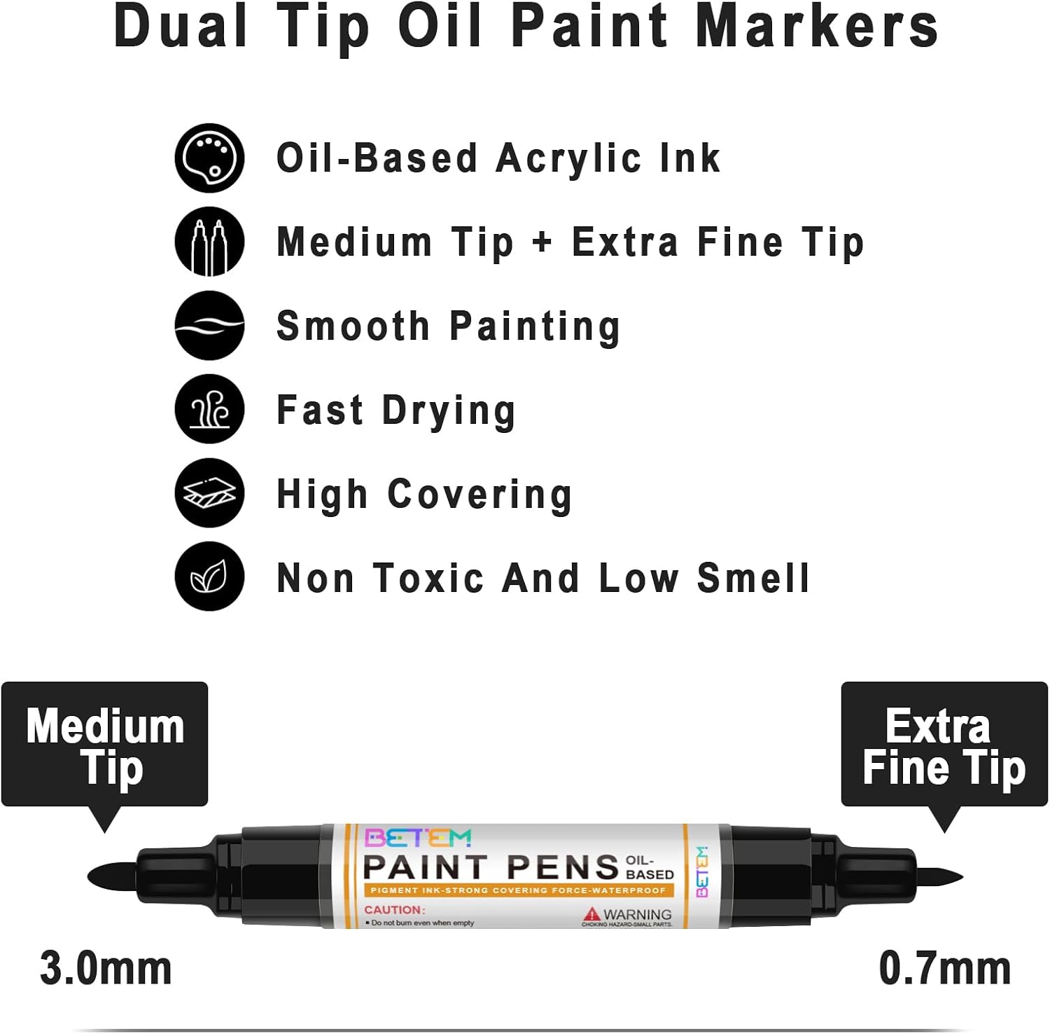 Betem 4 Oil Based Black White Paint Pens, Permanent Fabric Paint Markers | Dual Tip(0.7mm & 3mm), Waterproof, Quick Dry, for Rock Painting, Tire, Wood, Plastic, Ceramic, Metal, Rubber, Mugs, Canvas - Image 2