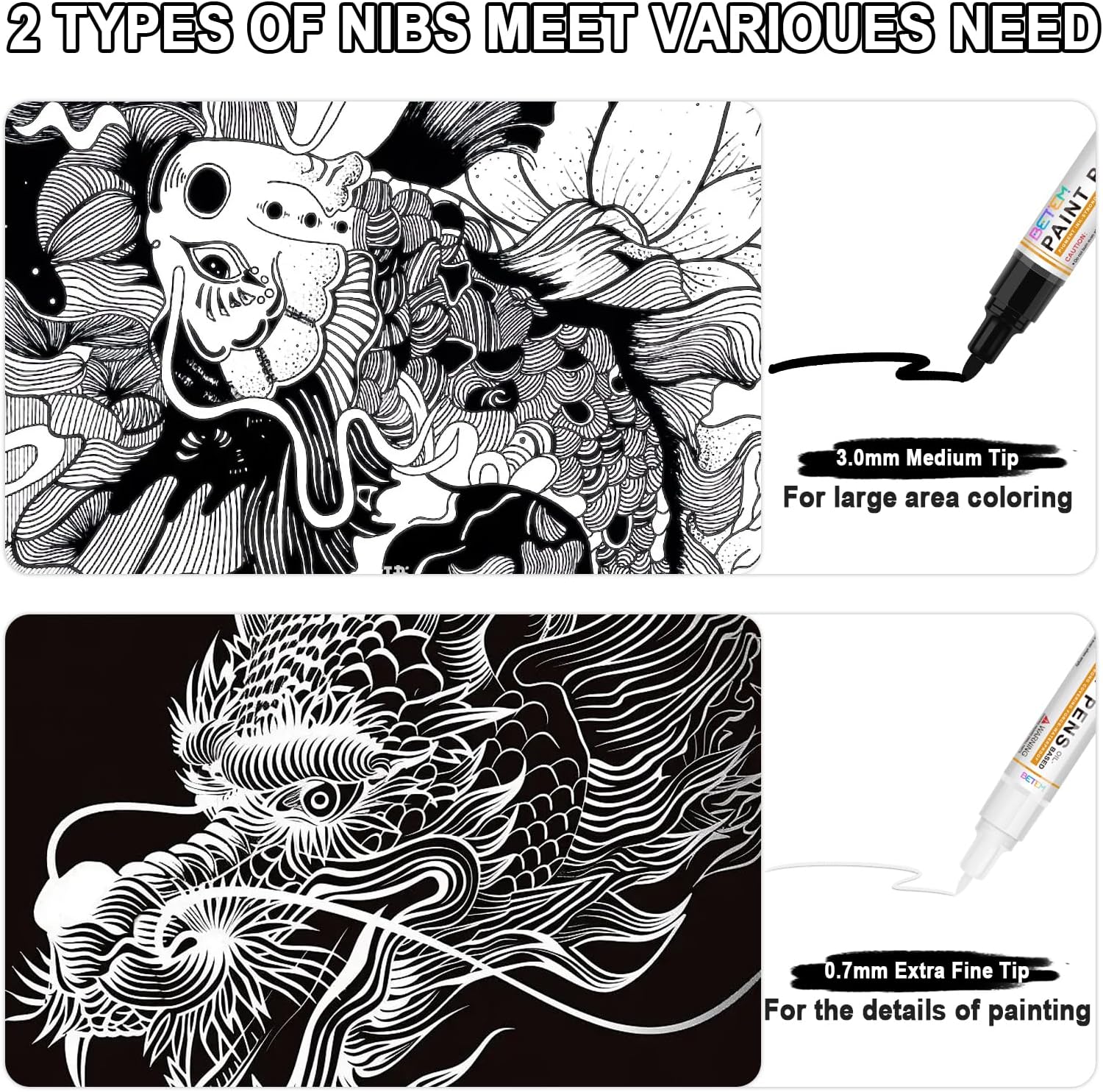 Betem 4 Oil Based Black White Paint Pens, Permanent Fabric Paint Markers | Dual Tip(0.7mm & 3mm), Waterproof, Quick Dry, for Rock Painting, Tire, Wood, Plastic, Ceramic, Metal, Rubber, Mugs, Canvas - Image 3