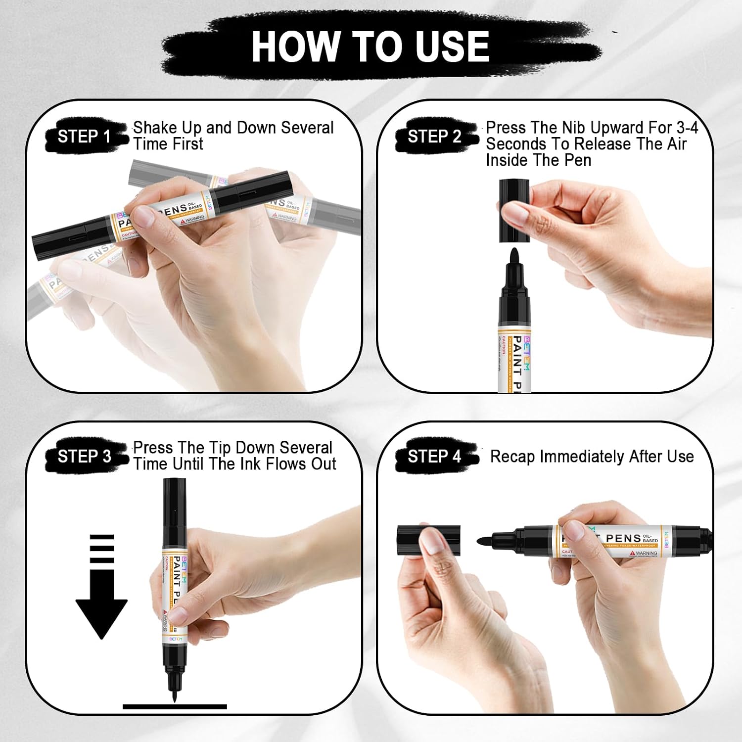 Betem 4 Oil Based Black White Paint Pens, Permanent Fabric Paint Markers | Dual Tip(0.7mm & 3mm), Waterproof, Quick Dry, for Rock Painting, Tire, Wood, Plastic, Ceramic, Metal, Rubber, Mugs, Canvas - Image 6